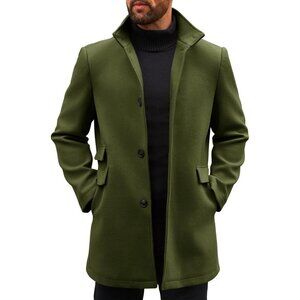 Men's Army Green Pea Coats Single Breasted Stand Collar Casual Slim Fit Trench